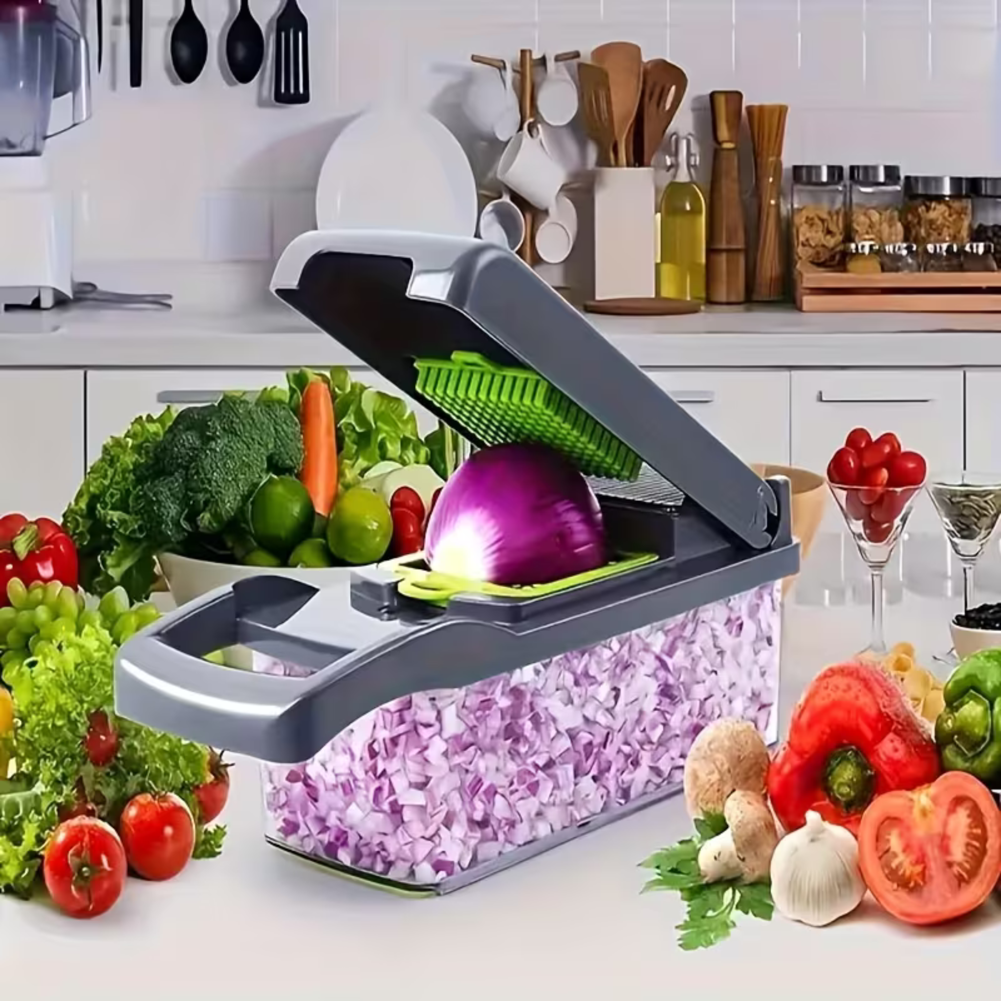 Kitchen Vegetable Chopper – 12-in-1 Dicer with Colander Basket & Hand Guard