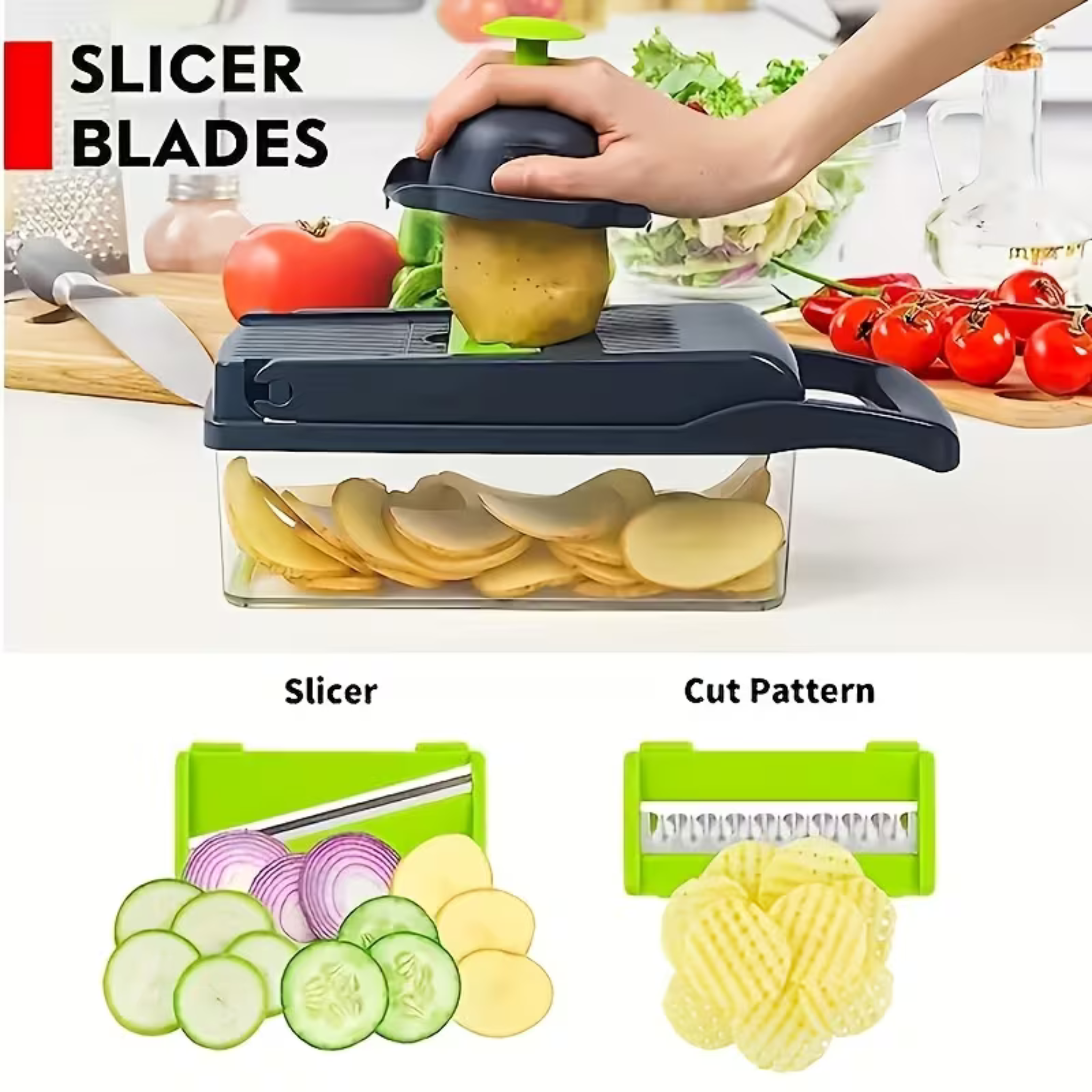 Kitchen Vegetable Chopper – 12-in-1 Dicer with Colander Basket & Hand Guard